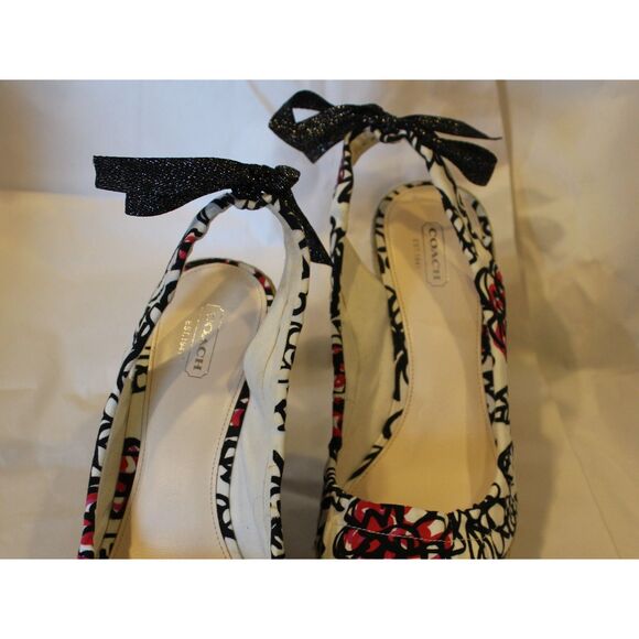 Coach Vintage Floral Espadrille Wedge Black White Red Jute 10 - Picture 3 of 9